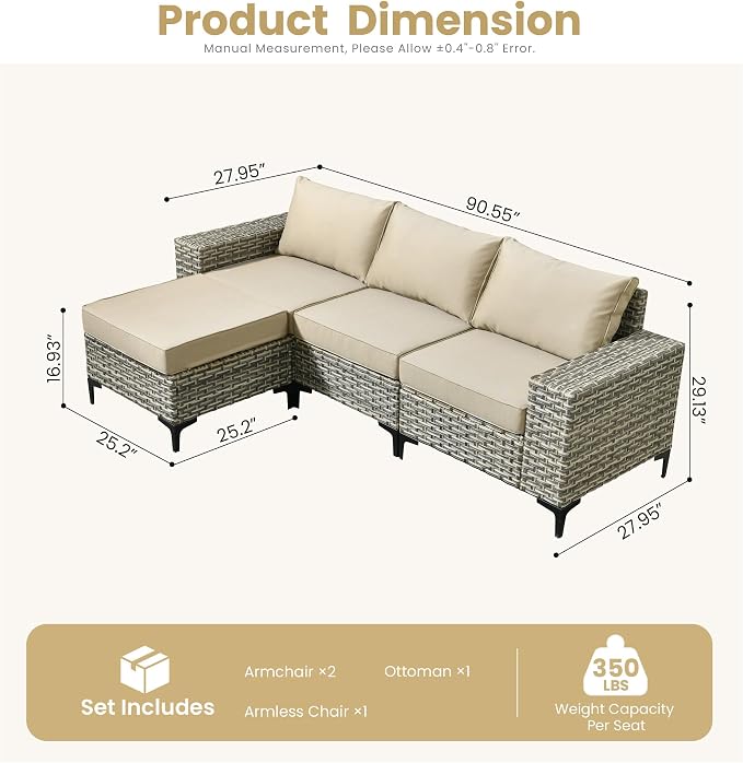 HOOOWOOO Outdoor Sectional Furniture Set,4 Pieces Wicker Patio Conversation Sets,L Shape All Weather Outside Couch Sofa with Ottoman,Beige