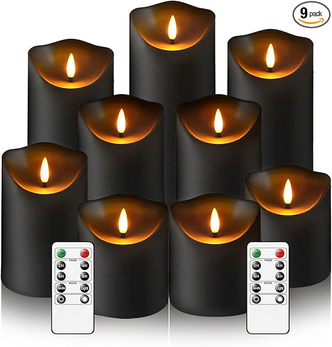 Eebuss Flameless Candles with Remote Timer, Battery Operated Realistic Flickering LED Candles, 9 Packs Fake Candles for Home Decor (D3 x H 3" 4" 5" 6" 7") (Black)