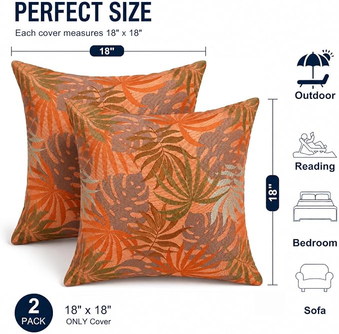 Outdoor Pillow Covers Waterproof Throw Pillow Covers, Set of 2 Jacquard Texture Water Resistant Fade Resistant Decorative Cushion Covers for Garden Patio Bench Couch Sofa, 18x18 Inch (Orange) )