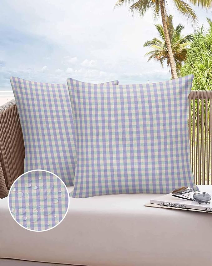 Outdoor Waterproof Throw Pillow Covers Set of 2 Purple Buffalo Plaid Pillowcases 16x16 Inches Linen Classic Checked Patio Decorative Pillows Cushion Case Patio Pillows for Couch Bed Chair Garden