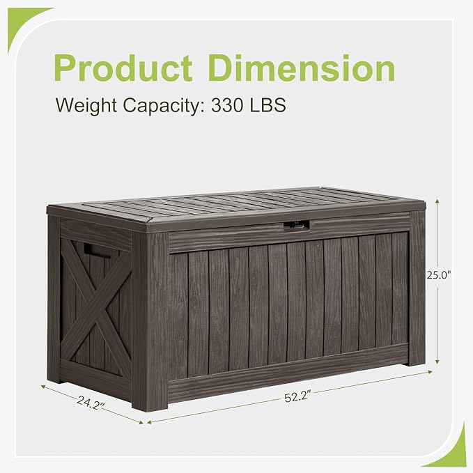 Greesum 120 Gallon Deck Box, Resin Outdoor Storage Container for Patio Furniture, Garden Tools, Pool Accessories, Weatherproof, Lockable, Brown