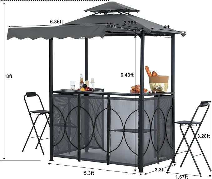ABCCANOPY Grill Gazebo with Extra Awning - 6.4'x6.8' Outdoor BBQ Canopy with Bar Table and 2 Foldable Chairs, Barbecue with LED Lights for Backyard, Lawn and Patio (Dark Gray)