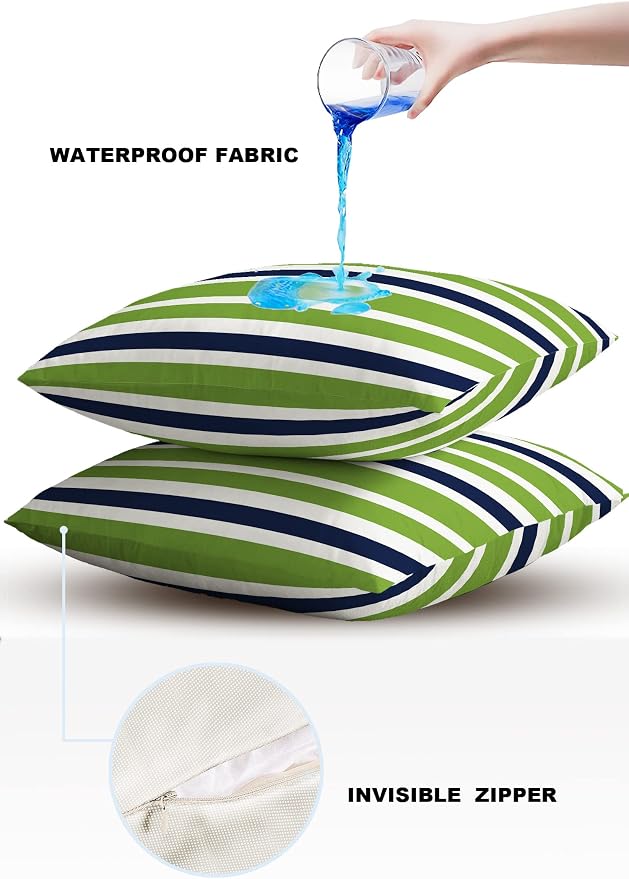 Outdoor Waterproof Pillow Covers for Patio Furniture Navy Blue Green Stripes Decorative Throw Pillow Cover Lime Green Stripes Pillowcases Set of 2 Cushion Case for Sofa Couch Chair 18 x 18 Inches