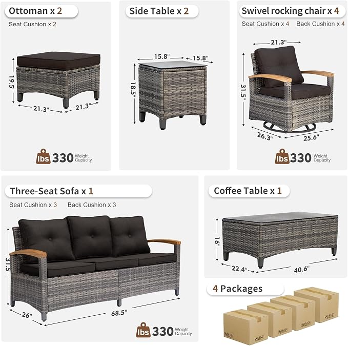 MEISSALIVVE 10 Pieces Patio Furniture Sets,Wicker Patio Conversation Sets with 4 Wood Armrests Swivel Glide Chairs, 2 Ottoman, 3-seat Sofa and Coffee Table (Black)