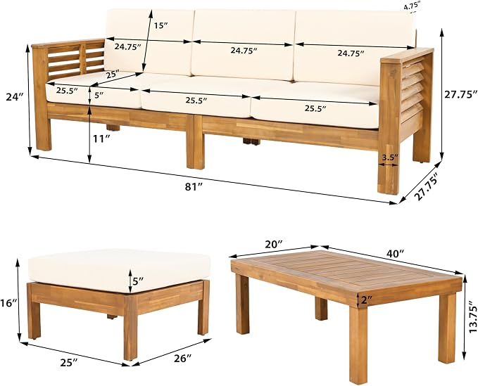 Christopher Knight Home Havets 3 Pieces Outdoor Acacia Furniture Set, Slat Panel Couch, Spacious Seating Armchair, 6" Thick Cushions Sofa and Coffee Table Set for Backyard Garden Balcony, Teak+Beige
