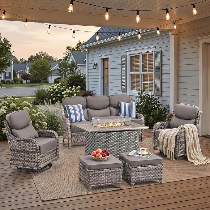 Luxury Patio Furniture Set with 42.5" Fire Pit Table, 6 Pieces High Back All Weather Wicker Outdoor Furniture w/ 6-Inch Thick Cushions, Patio Swivel Chairs Couch for Deck Balcony Backyard Grey