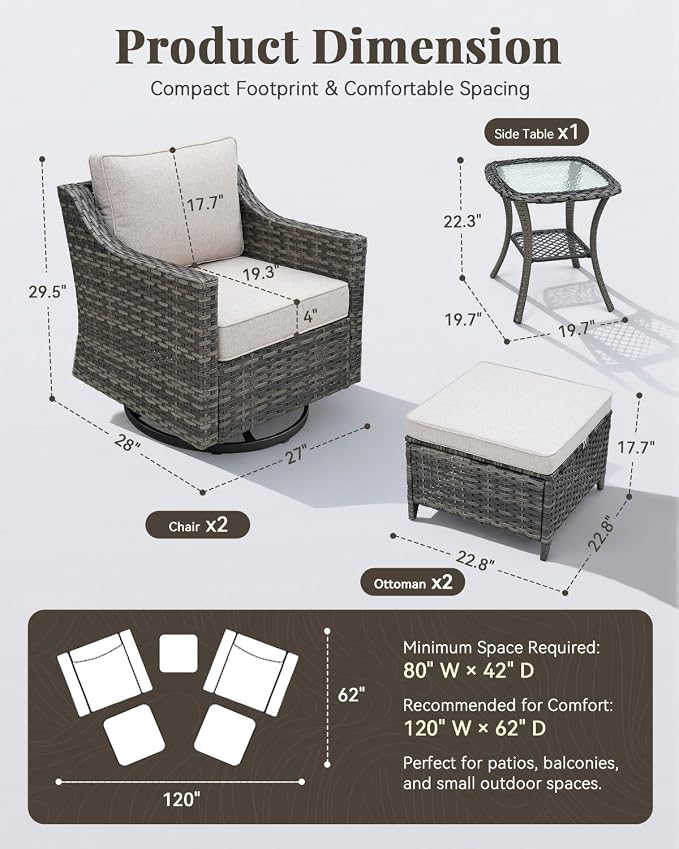 Patio Furniture Set 5 Pieces Luxury Outdoor Swivel Rocker Chairs and Ottomans, Easy Assembly Conversation Set for Porch Deck Balcony Yard in Gray Wicker and Beige Cushions