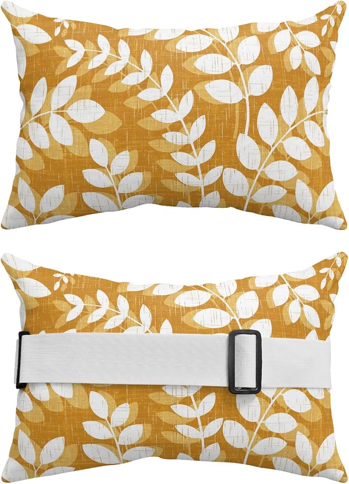 Outdoor Lumbar Pillow Set of 2, Ochre Orange Leaves Waterproof Beach Headrest Pillow with Inserts, Farmhouse Botanical Branch Vintage Boho Recliner Throw Pillows for Patio Furniture, 12 x 20