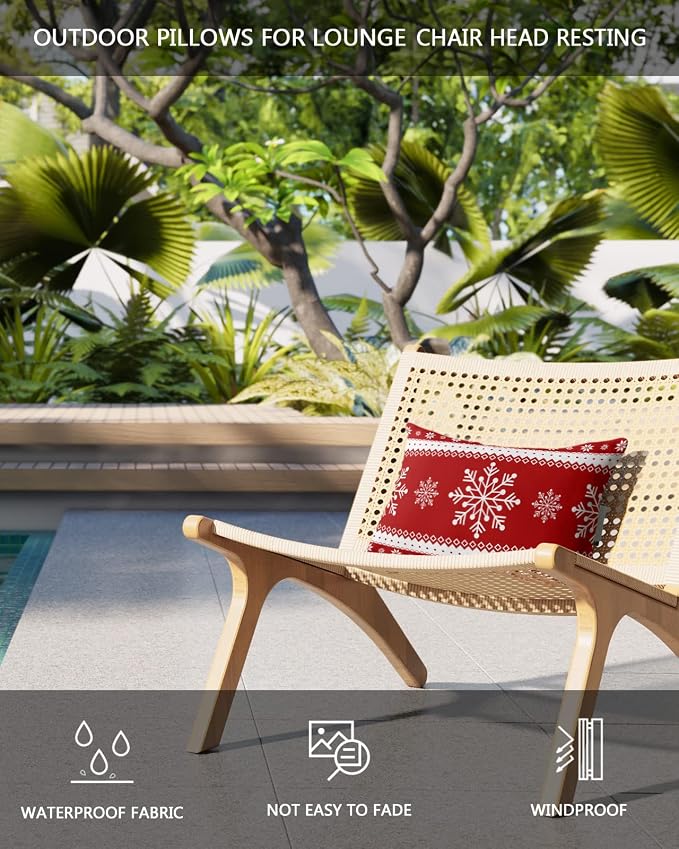 Outdoor Pillows Covers with Inserts Chrsitmas Snowflake Winter Snow Red Waterproof Pillow with Adjustable Strap Throw Pillows for Patio Furniture Recliner Lounge Chair, 11x16 inch, 1PCS