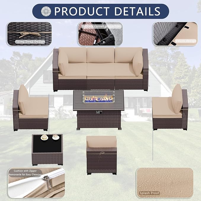 11 Pieces Patio Furniture Set with 2 Swivel Chairs Patio Furniture Outdoor Sectional Sofas with 55000 Gas Fire Pit Patio Conversation Set w/7 Cushions-Brown