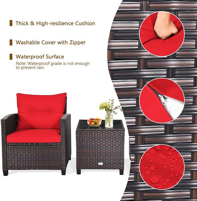 RELAX4LIFE 3 Piece Patio Furniture Set, Wicker Bistro Conversation Set w/ 2 Cushioned Armchairs & Glass Topped Table, Outdoor Rattan Sofa Set Patio Furniture for Porch Balcony Poolside (Red)