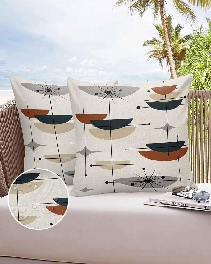 Vandarllin Outdoor Throw Pillows Covers 20x20 inch Set of 2 Waterproof Boho Mid Century Decorative Zippered Cushion Covers for Patio Furniture, Black Orange Geometric Abstract Lumbar Pillowcases
