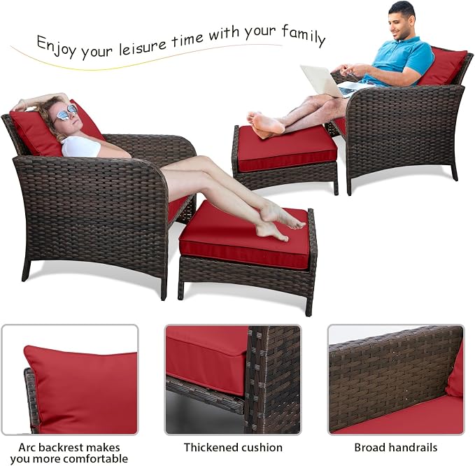 LEVELEVE Balcony Furniture 5 Piece Patio Conversation Set, PE Wicker Rattan Outdoor Lounge Chairs with Soft Cushions 2 Ottoman&Glass Table for Porch, Lawn-Brown Wicker（Wine Red