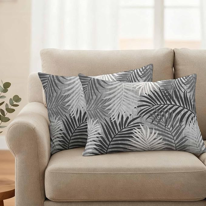 Gray Palm Leaves Waterproof Outdoor Pillow Covers Set of 2 Home Decor, Summer Tropical Leaf Plant Lumbar Pillowcase Patio Pillow Covers for Couch Bench Patio Furniture Garden 20x12in