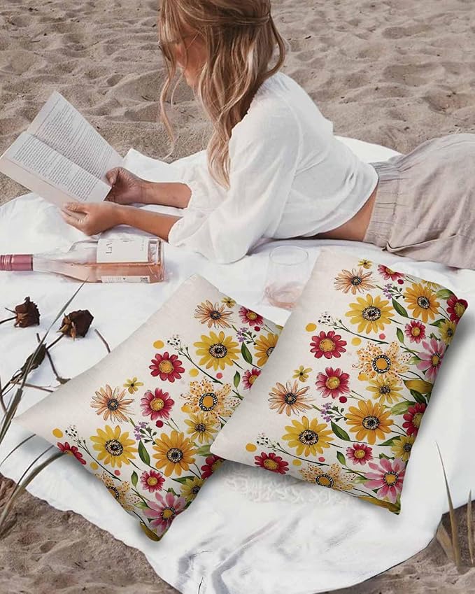 Outdoor Waterproof Pillow Covers for Patio Furniture Pink Purple Floral Decorative Throw Pillow Cover Red Yellow Flowers Pillowcases Set of 2 Cushion Case for Sofa Couch Chair Home Decor 20"x12"