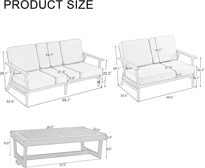 3 Pieces Patio Furniture Sets, Teak Wood Outdoor Sectional Furniture with Coffee Table, 5 Seats Patio Sofa Couch Conversation Set for Backyard Deck - Navy