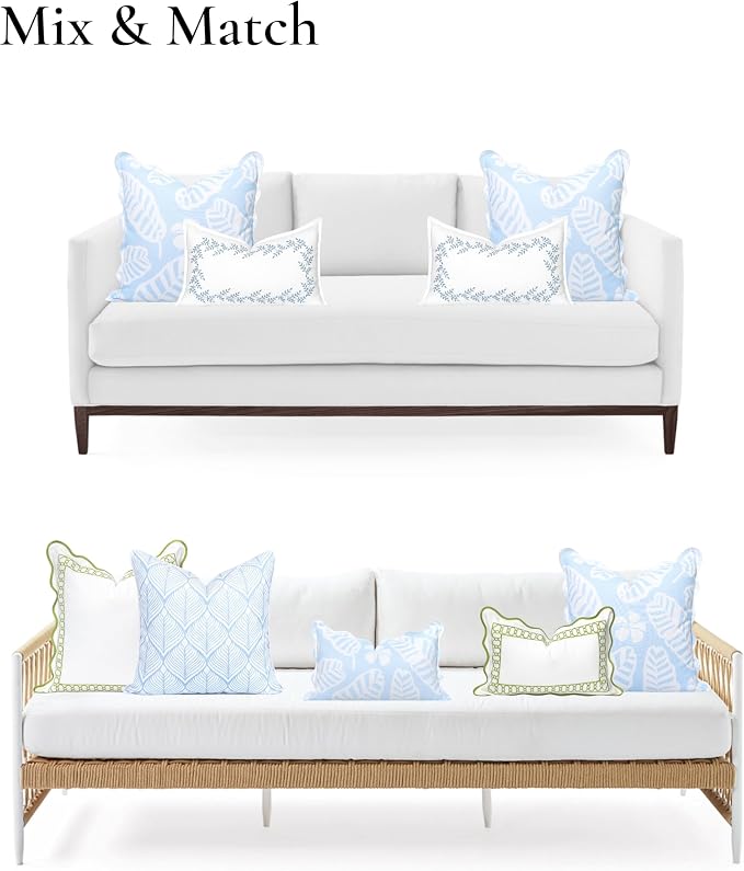Hofdeco Premium Grandmillennial Coastal Hampton Patio Indoor Outdoor Throw Pillow Cover Only, 20"x20" Water Repellent for Backyard, Couch, Poolside, Baby Blue Print Palm Leaves and Hisbucs Flowers