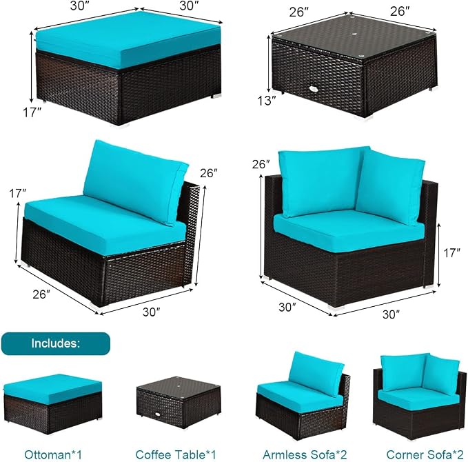 Tangkula 6 Piece Patio Furniture Set, Outdoor Deck Lawn Backyard Durable Steel Frame PE Rattan Wicker Sectional Sofa Set, Conversation Set with Coffee Table (Turquoise)