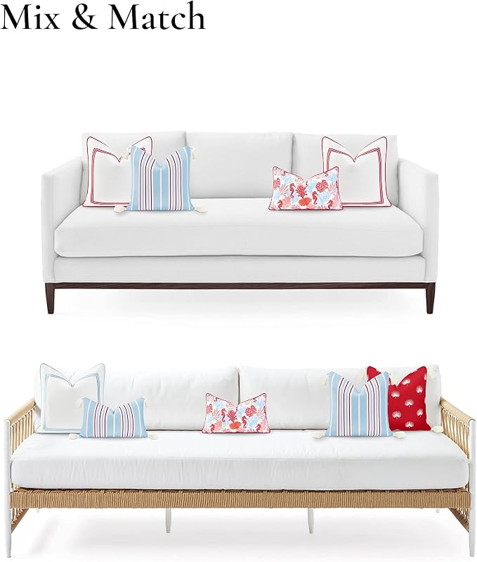 Hofdeco Premium Coastal Hampton Style Patio Indoor Outdoor Throw Pillow Cover Only, 18"x18" Water Resistant for Backyard, Couch, Baby Blue Red Stripe Tassel