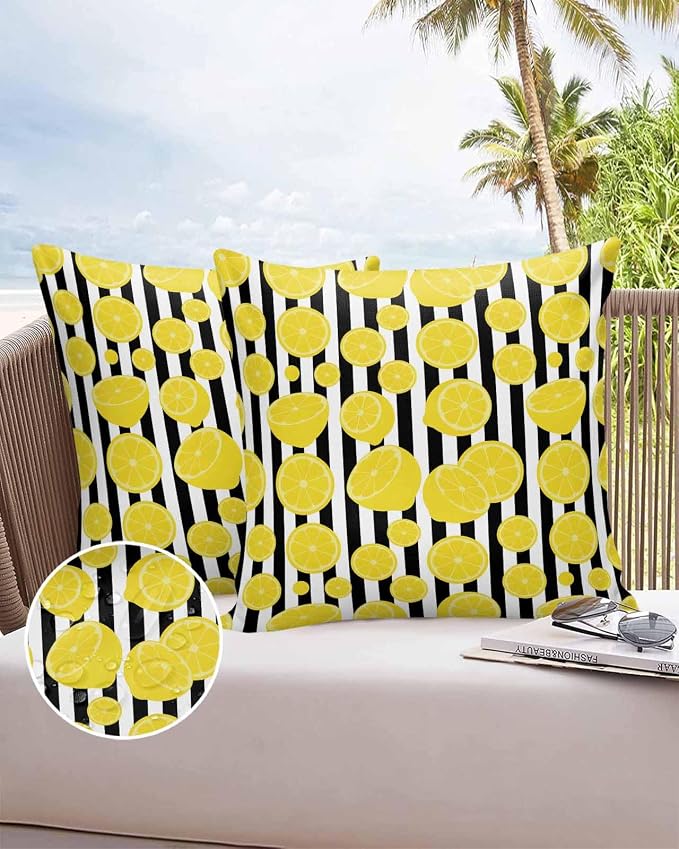 Vandarllin Outdoor Throw Pillows Covers 16x16 inch Set of 2 Waterproof Yellow Lemon Decorative Zippered Cushion Covers for Patio Furniture, Summer Fruit Black Stripes Lumbar Pillowcases