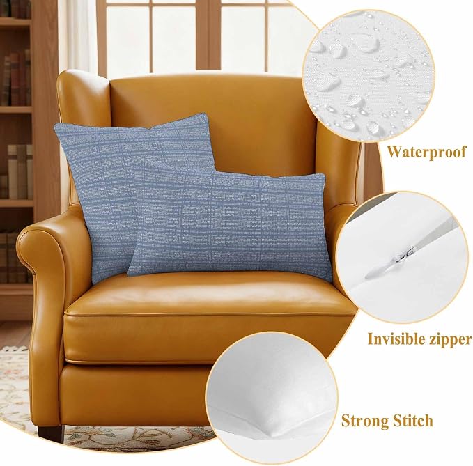 Outdoor Waterproof Throw Pillow Covers Set of 2 Blue Stripes Grain Pillowcases 24x24 Inches Solid Color Decorative Pillows Cushion Case Patio Pillows for Couch Bed Chair Garden
