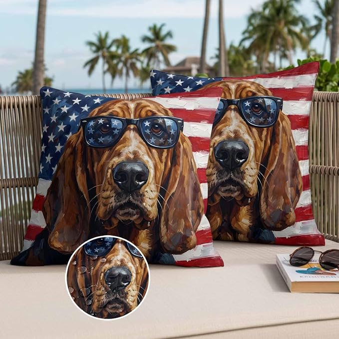Outdoor Pillow Covers Waterproof Pillow Cases Protector Independence Day USA Flag Pillowcase Pack of 2 Basset Hound Patriotic Sunglasses Throw Cushion Case for Pation Furniture,Couch,Sofa,18X18IN