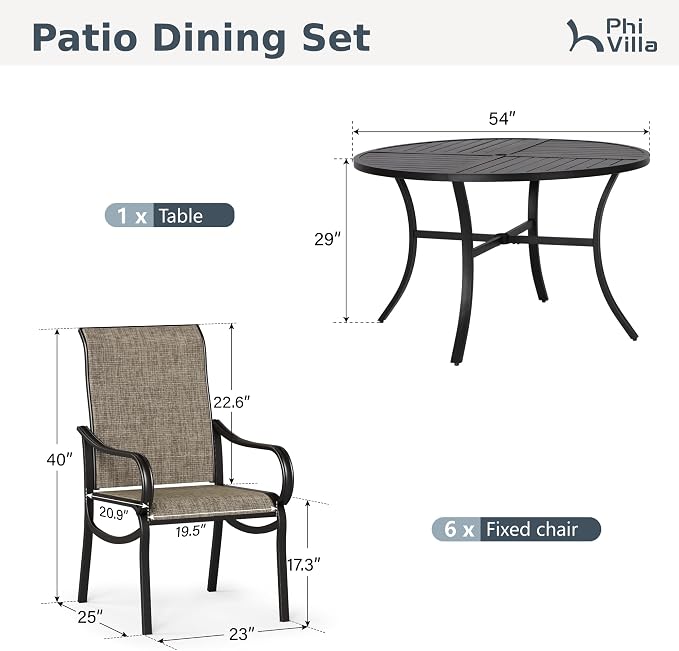 PHI VILLA Round Patio Dining Set for 6 Person, 54'' Round Metal Slat Table with Umbrella Holes and 6 High Back Fixed Chairs All Weather Patio Furniture Set for Outdoor Deck Garden Yard