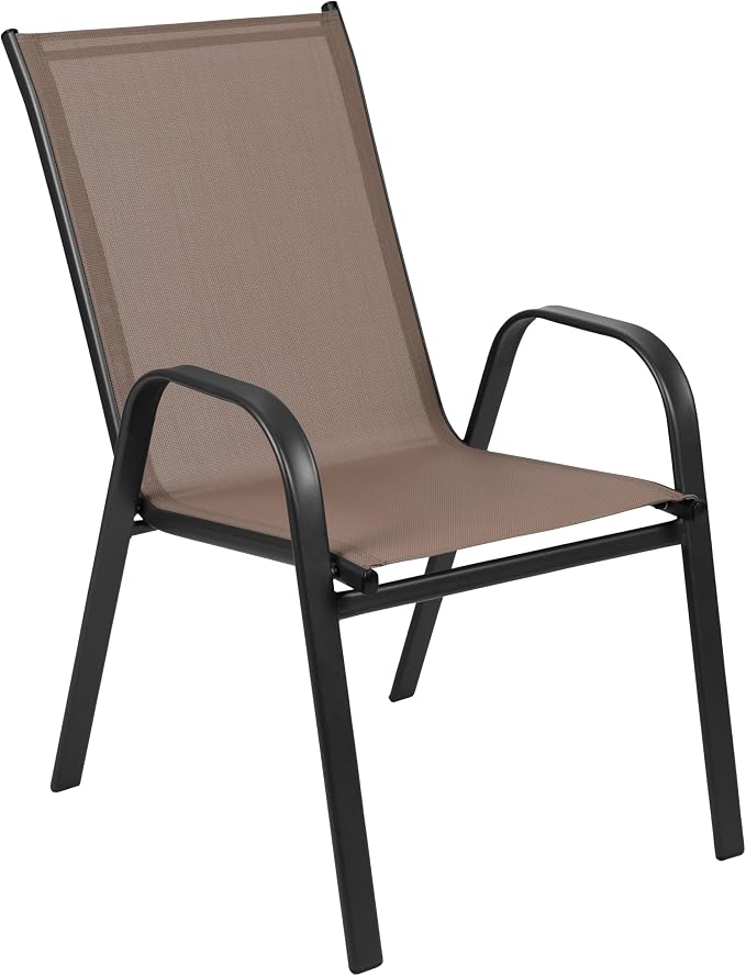 EMMA + OLIVER Bartlett 7-Piece Outdoor Dining Set, Patio Table with Tempered Glass Top and Umbrella Hole, 6 Flex Comfort Textilene Stack Chairs, 60", Brown/Black