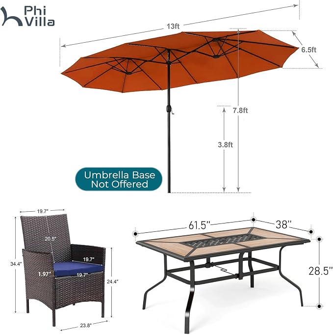 PHI VILLA 7pc Patio Dining Set w/Umbrella, Wood-top Table, Rattan Chairs | Outdoor Dining Set for 6, Metal Dining Table & 6 Cushioned Rattan Chairs with Red Umbrella for Outdoor, Deck, Yard, Porch