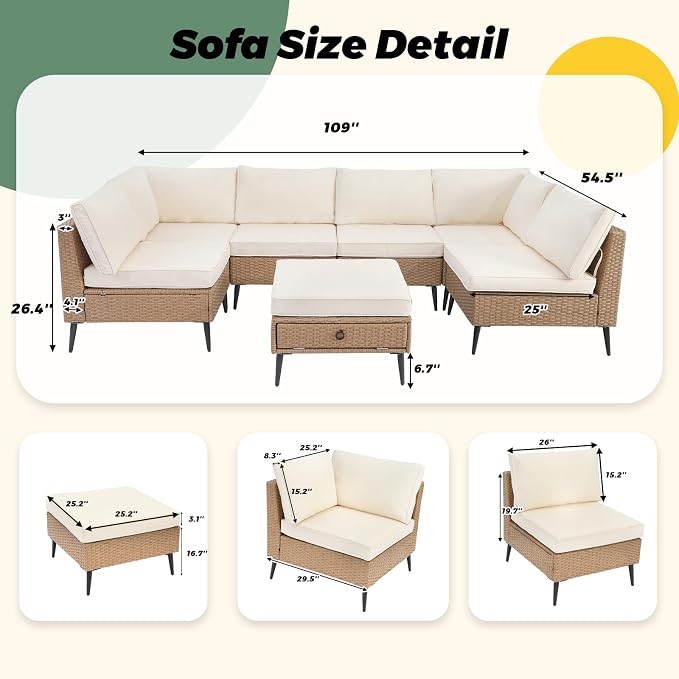LVUYOYO 7 Pieces Outdoor Patio Furniture Set, Wicker Sectional Sofa Set for All-Weather, Rattan Conversation Sets with Cushions and Storage for Deck, Backyard, Porch (Khaki)