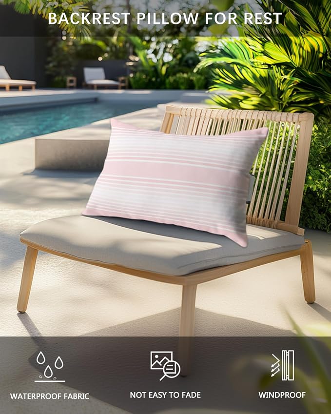 Pack of 2 Outdoor Lumbar Pillow Covers 12x20 Inch, Pink Striped Waterproof Throw Pillow Covers Set, Pink Ombre Farmhouse Stripes Indoor&Outdoor Decorative Cushion Cases for Patio Porch Car