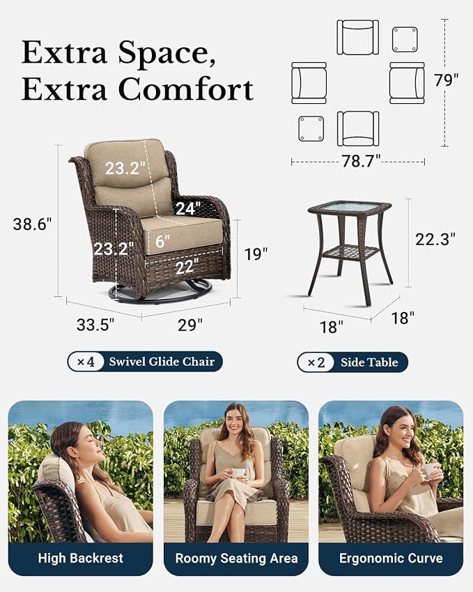 HILLGA 6-Piece Luxury Patio Furniture Set with 6" Thick Cushions, Weather-Resistant Wicker High Back Swivel Rocker Chairs, Senior-Friendly Conversation Set for Small Porch, Deck and Sunroom, Beige(V2)