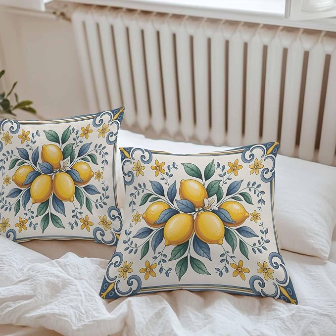 Throw Pillow Covers 24x24 Inch Set of 2, Yellow Blue Lemon Waterproof Outdoor Cushion Covers, Summer Botanical Watercolor Decorative Pillowcases for Couch, Sofa, Bed, Garden, Patio