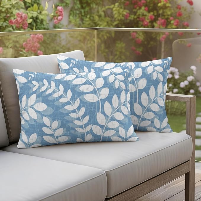 Sky Blue Leaves Outdoor Waterproof Throw Pillow Covers 20x12 Set of 2, Farmhouse Botanical Branch Vintage Boho Leaf Decorative Pillowcases Cushion Pillowcase for Couch Sofa Patio Pillow Protector