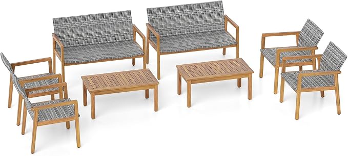 HAPPYGRILL 8-Piece Patio Furniture Set, PE Rattan Patio Bistro Set with Loveseat, Single Chairs & Coffee Table, Outdoor Acacia Wood Conversation Set for Garden, Backyard, Poolside & Porch