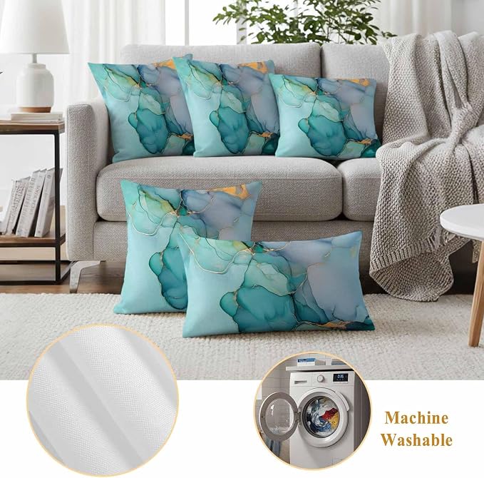Abstract Teal Outdoor Waterproof Throw Pillow Covers Set of 2, 18"x18", Blue Gold Marble Natural Stone Cracks Modern Decorative Pillow Covers Outside Cushion Case for Patio Porch Garden