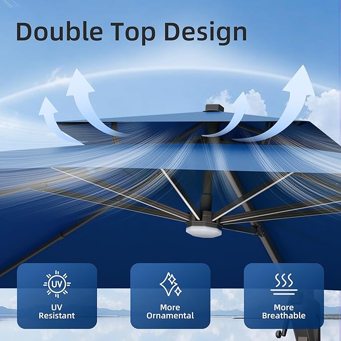 10x13 FT Patio Umbrella with LED Lights Cantilever Outdoor Large Heavy Duty Rectangle Aluminum Offset Umbrellas Double Top 360 Rotation 7 Tilt Adjustment for Pool Deck Garden, Navy