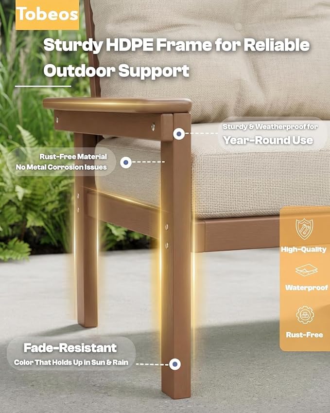 HDPE 7 Piece Patio Furniture Set, All-Weather Outdoor Couch Set with Thick Cushions & Table & Umbrella, Patio Conversation Sets for Lawn, Garden, Porch, Balcony, Deck, Poolside, Teak & Beige