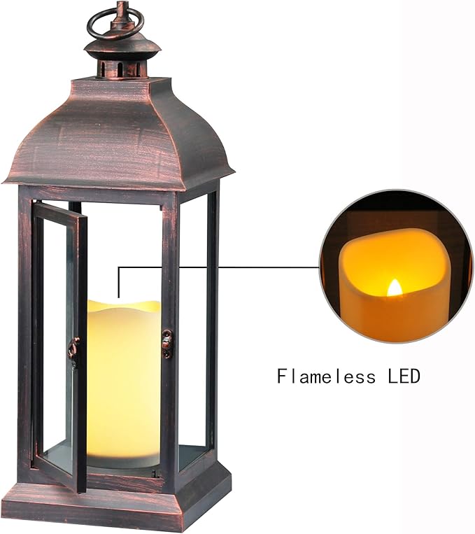 WRalwaysLX 15 inch H The Door-Open Decorative Lantern with flameless LED Candle Light, Outdoor/Indoor LED Lantern, wtith Timer Candle，Plastic with Bronze Undertones.USE 2C Battery(not Include)