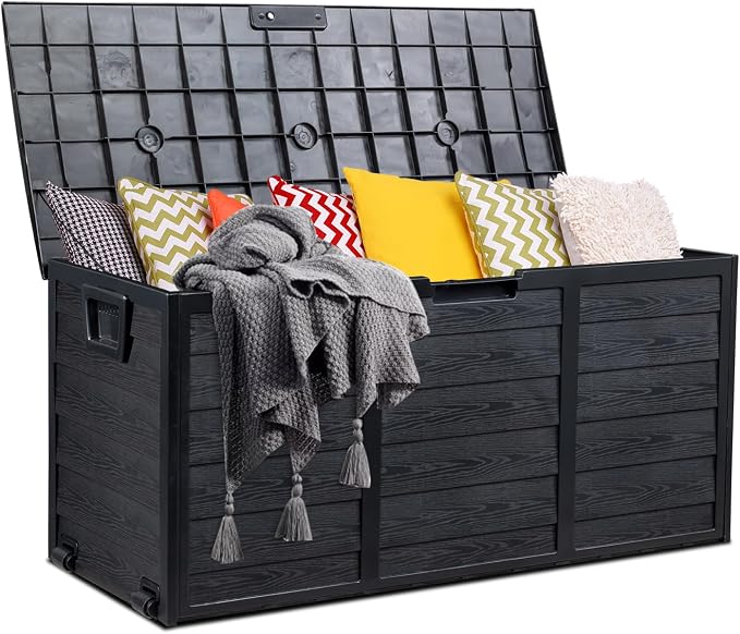 Outvita 75 Gallon Deck Storage Box, Durable Storage Container Bin Store Patio Cushions, Yard Stools Outdoor Patio Garden (All Black)