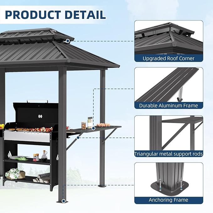 EROMMY 8' x 6' Hardtop Grill Gazebo with Galvanized Steel Double Roof, Outdoor Metal Patio BBQ Gazebo with 2 Side Shelves and Ceiling Hook for Deck Lawn Backyard Garden (Black)