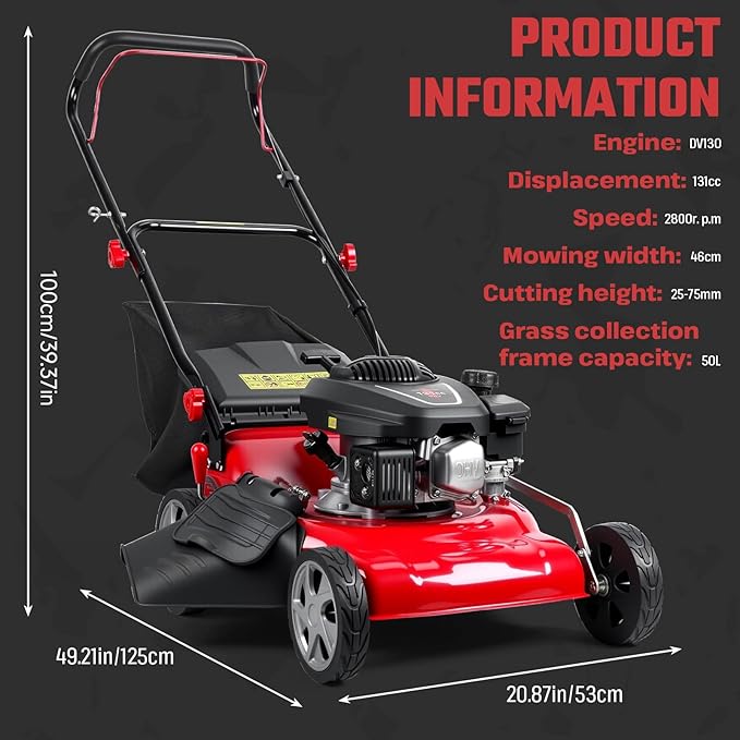 131CC Self-Propelled Gas Lawn Mower, 3 in 1 Gas Powered Lawn Mower with Mulching, Side Discharge & Rear Bag, Adjustable Cutting Height Push Lawn-Mowers for Yard Garde Red