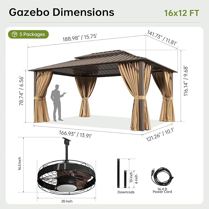 12x16FT Hardtop Gazebo with 20IN Ceiling Fan, Metal Frame with Double Galvanized Steel Roof, Permanent Outdoor Pergola for Backyard, Patio, Lawn and Garden, Brown