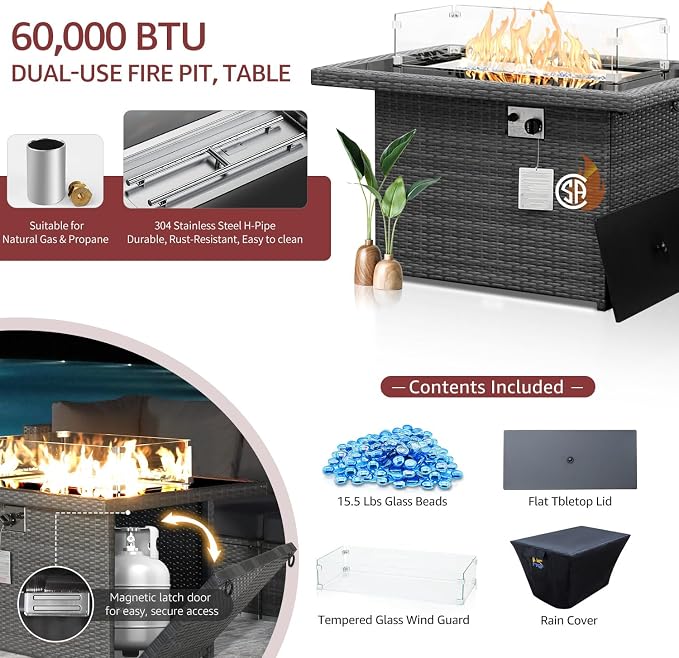 NICESOUL 13 Piece Outdoor Furniture with Fire Pit, Luxurious Wicker Patio Sectional with Fire Pit & Chaise Lounge, 500 lbs Heavy Duty 10-Person Deep Wide Couch Set for Deck, Lawn, Grey & Burgundy