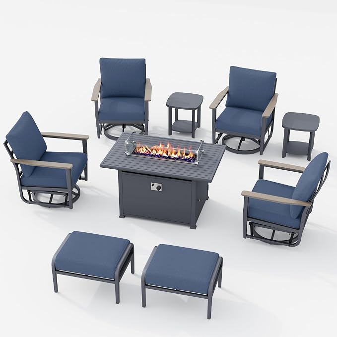 Aluminum Patio Swivel Rocking Chair Outdoor Bistro Set, 9pcs Patio Conversation Set Outdoor Patio Furniture Set with High Backrest & Thickened Cushions for Garden, Deck and Balcony, Navy Blue
