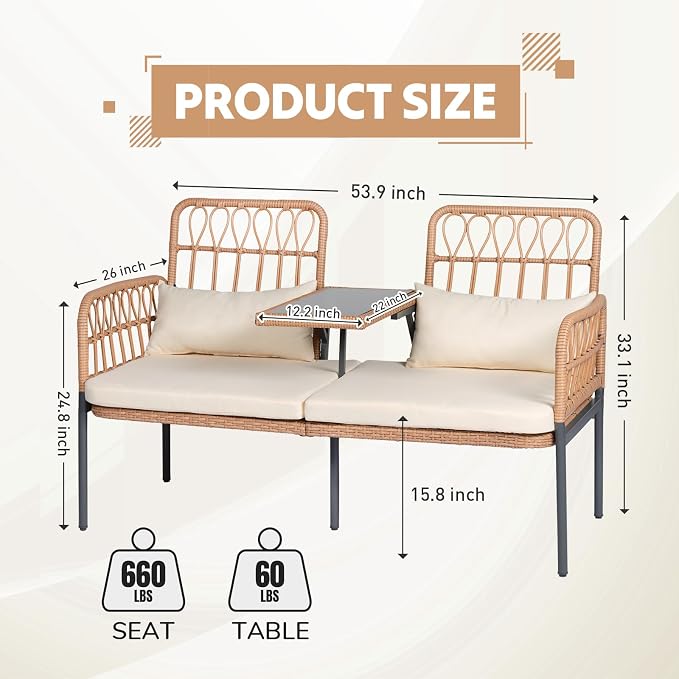Outdoor Loveseat 2 Pieces Patio Furniture Set, Porch Furniture Wicker Large Loveseats, Patio Conversation Sets with Cushions & Lumbar Pillows and Built-in Table