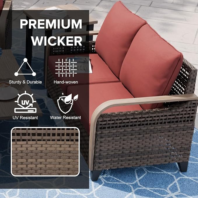 COOS BAY Modern Wicker Outdoor Furniture Set, 5 Piece Patio Conversation Set with 2 Patio Chairs, a Loveseat, Coffee Table and Side Table, 5 Piece, Brown/Red