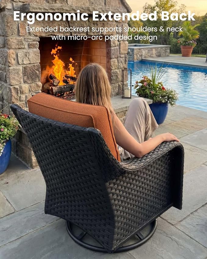 6 Pieces Outdoor Furniture Set with 6-inch Cushions, High Back Wicker Swivel Rocker Chairs with Coffee Table, Luxury Conversation Set for Deck Patio and Poolside