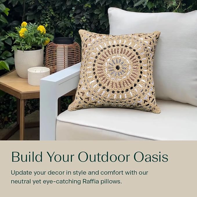 Honeycomb Outdoor Square Toss Pillows for Patio Furniture, 17 x 17, 2-Pack | Raffia Medallion Slate Throw Pillows, Water & Fade Resistant for Patio Furniture Set, 2-Pack