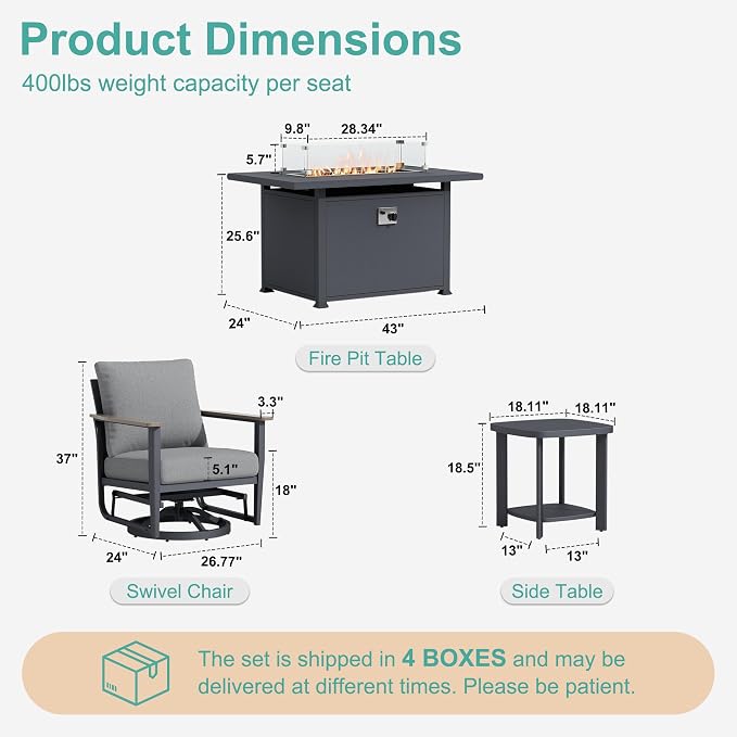 7Pcs Patio Rocking Swivel Chair with 55,000 BTU Fire Pit Table Outdoor Aluminum Bistro Set with Coffee Table, Patio Furniture Set with High Backrest & Thickened Cushions, Grey